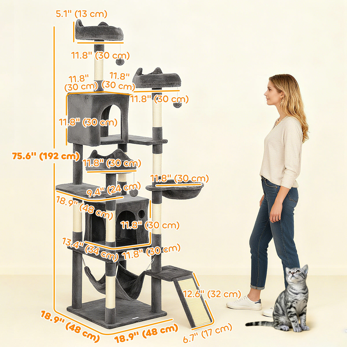 76" Large Cat Tree for Indoor Cats with 8 Scratching Posts, 3 Plush Beds, 2 Hammocks, 2 Large Condos, Ramp – view 2