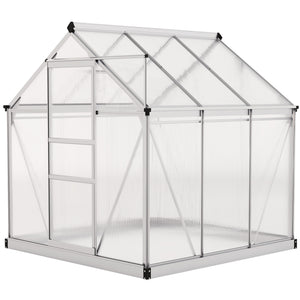 6' x 6' x 6.6' Polycarbonate Greenhouse, Walk-In Green House Kit Garden, Plants Grow, Galvanized Sheet Aluminum Frame with Rain Gutter, Vent and Sliding Door, Silver
