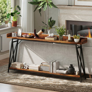71" Extra Long Console Table with Storage Shelf and Guardrails, Industrial Entryway Table for Living Room, Rustic Brown