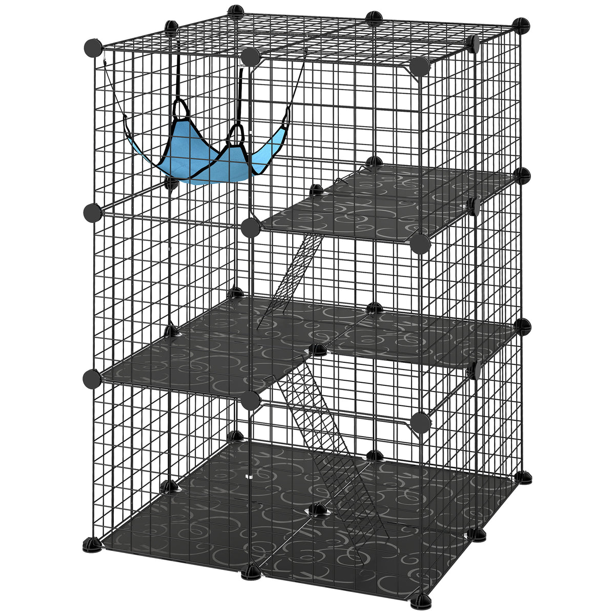 3 Tier Cat Cage Crate, DIY Pet Playpen with 3 Doors, Ladders, Hammock, Platforms, Indoor Playpen for Kittens, Black