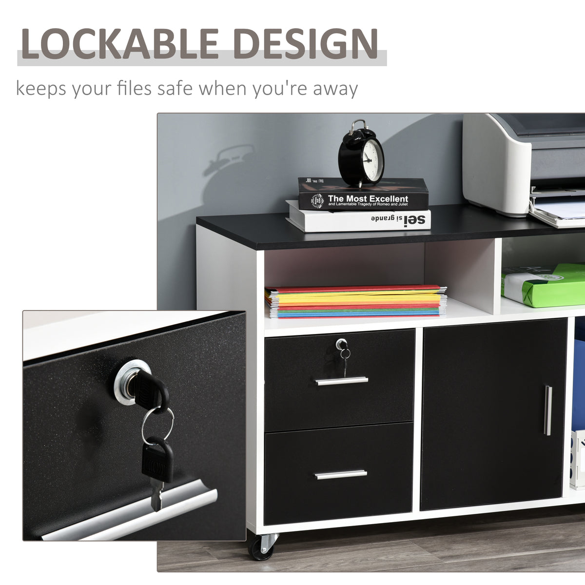 Lateral Filing Cabinet, Printer Stand Home Office Mobile File Cabinet with Wheels, Lockable Drawer, Black
