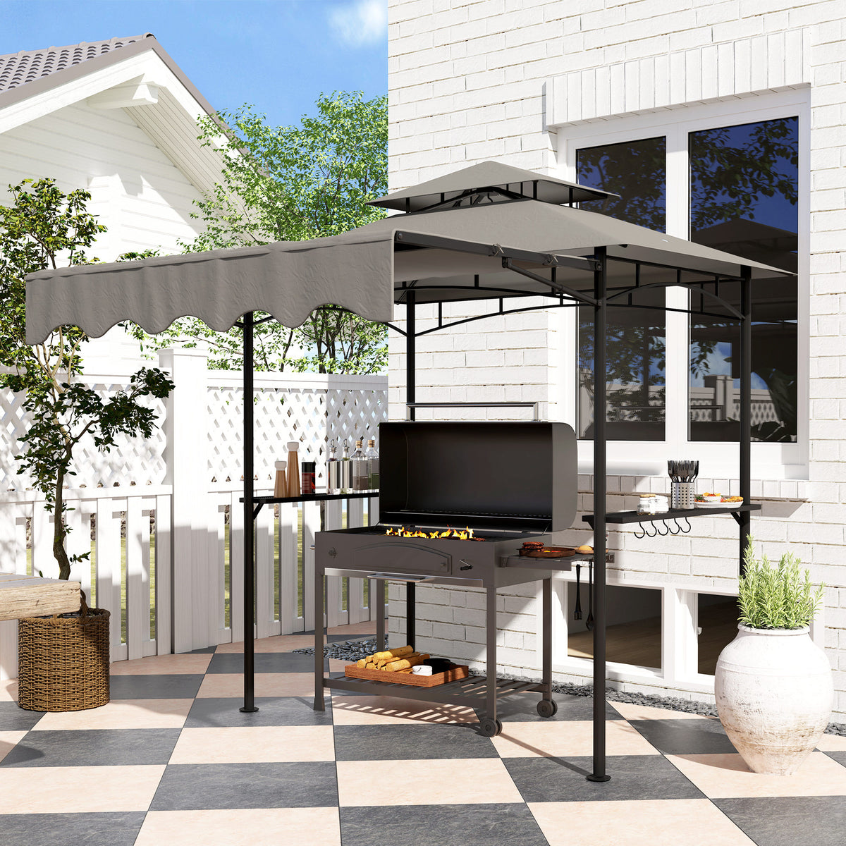 8' x 7.6' Grill Gazebo, Double Tiered Barbecue Grill Gazebo Shelter w/ Side Awning, 2 Side Shelves – view 28
