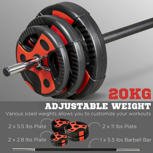 Soozier 44lbs Adjustable Barbell Weight Set, Solid One-Piece Barbell Bar and Weights for Home Gym Weight Lifting Strength Training Exercise, Max Load 110 lbs, Black and Red