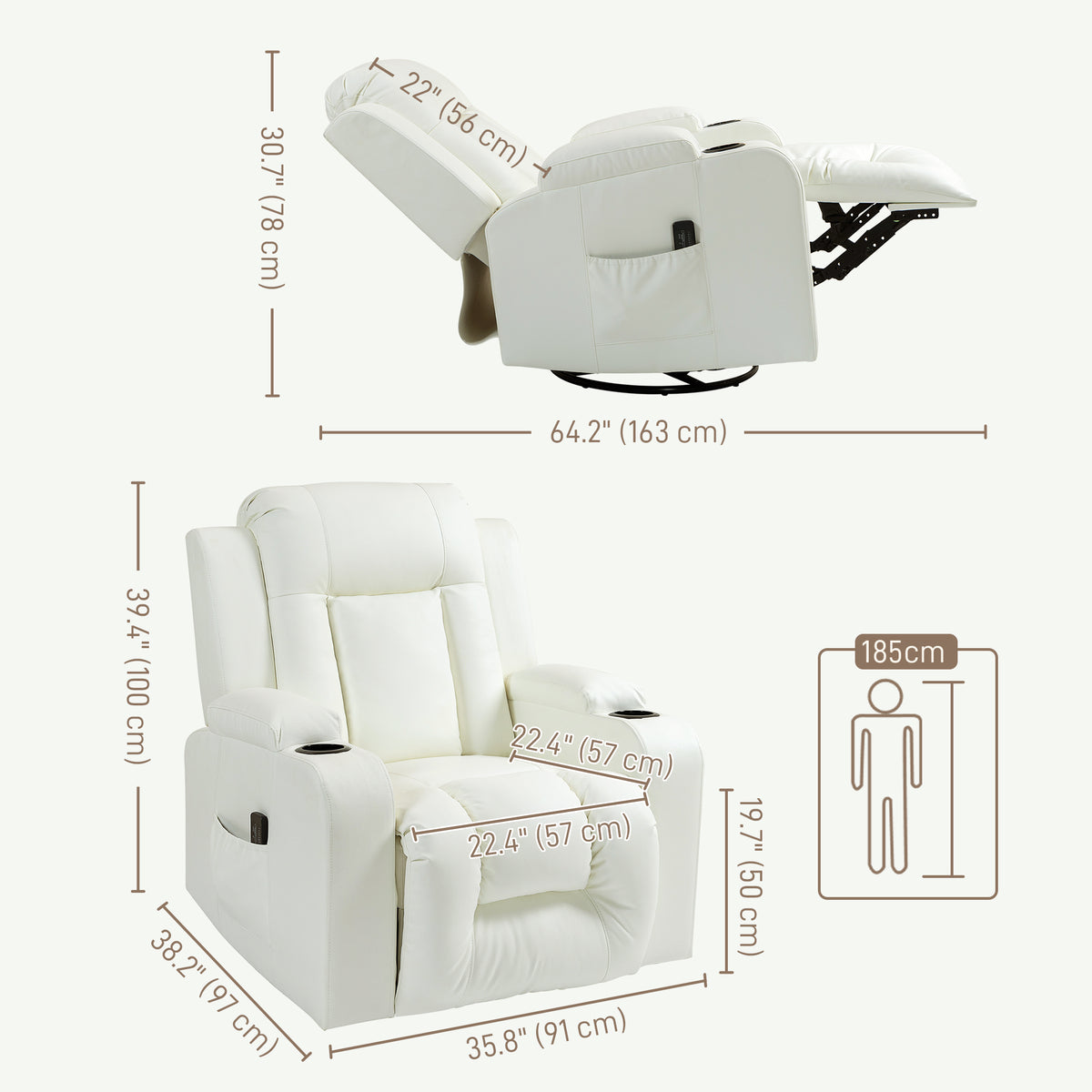 Swivel Massage Recliner Chair Rocker, Overstuffed Manual Reclining Sofa – view 16