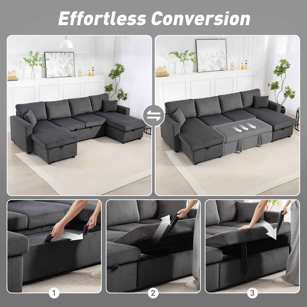 Convertible Sofa Bed, Corduroy U-Shaped Sleeper Sofa Couch with Storage Chaise, Pillows, Spring, Futon Couch, Grey