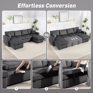 Convertible Sofa Bed, Corduroy U-Shaped Sleeper Sofa Couch with Storage Chaise, Pillows, Spring, Futon Couch, Grey