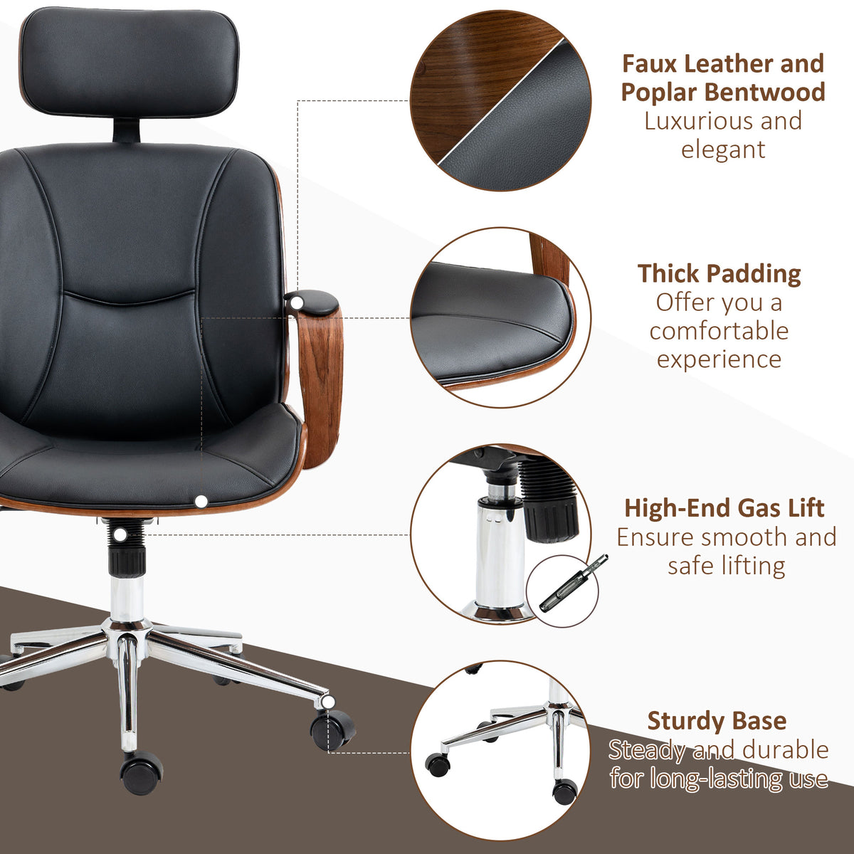 Office Chair, PU Leather Desk Chair with Removable Headrest, Adjustable Height, Tilt Function and with Wheels, Black