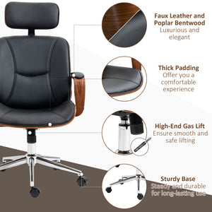 Office Chair, PU Leather Desk Chair with Removable Headrest, Adjustable Height, Tilt Function and with Wheels, Black