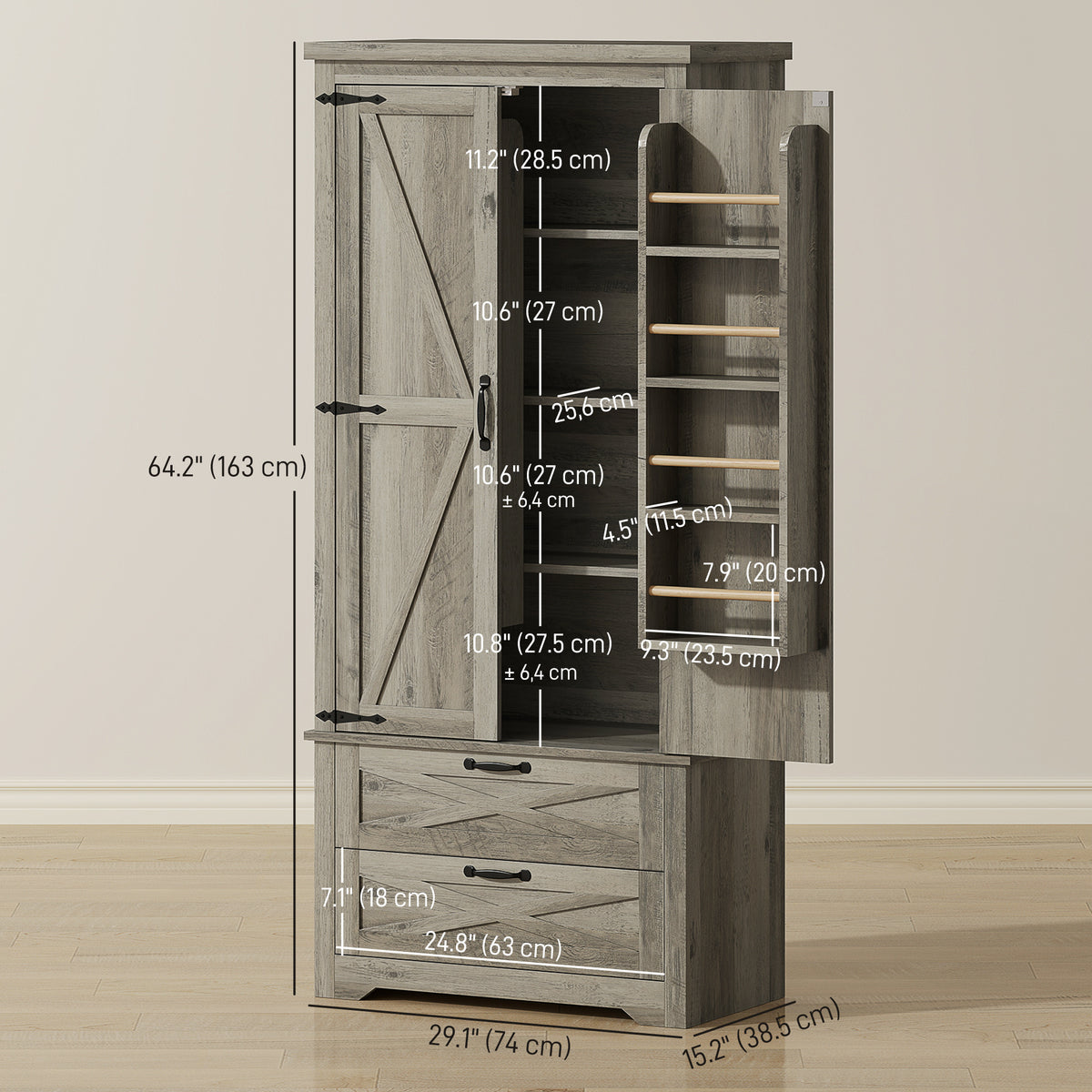 Farmhouse Kitchen Pantry Storage Cabinet, 64" Freestanding Kitchen Pantry Cabinet with Drawers – view 16