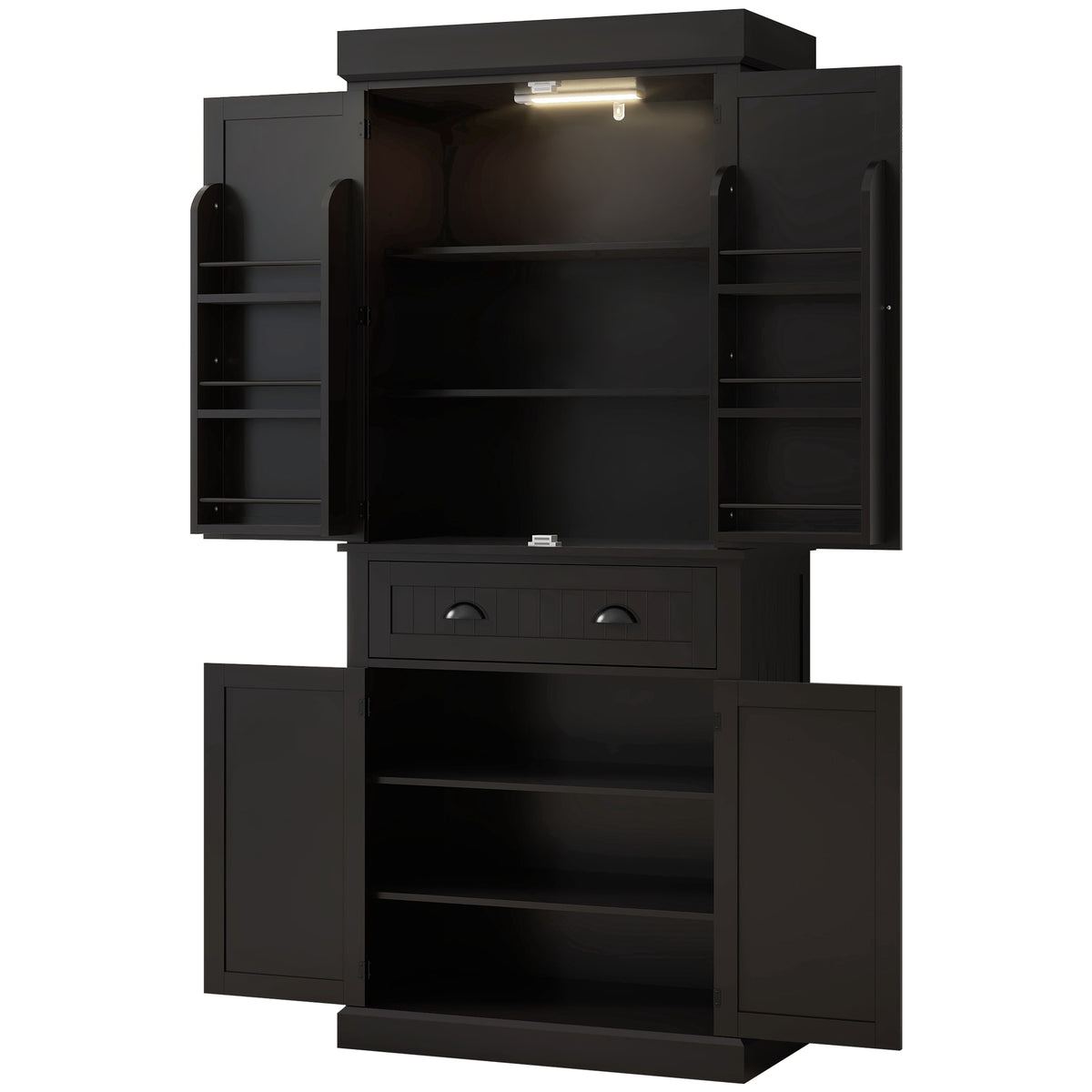 71" Kitchen Pantry Cabinet with LED Lights, 6 Spice Racks, a Drawer and 4 Adjustable Shelves, Black