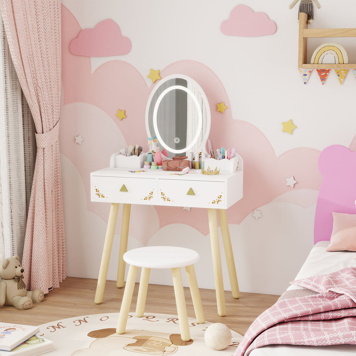 Qaba Kids Vanity Set with Mirror, Stool, 3-Colour LED Lights, Girls Dressing Table Pretend Play for Kids Room, Pink