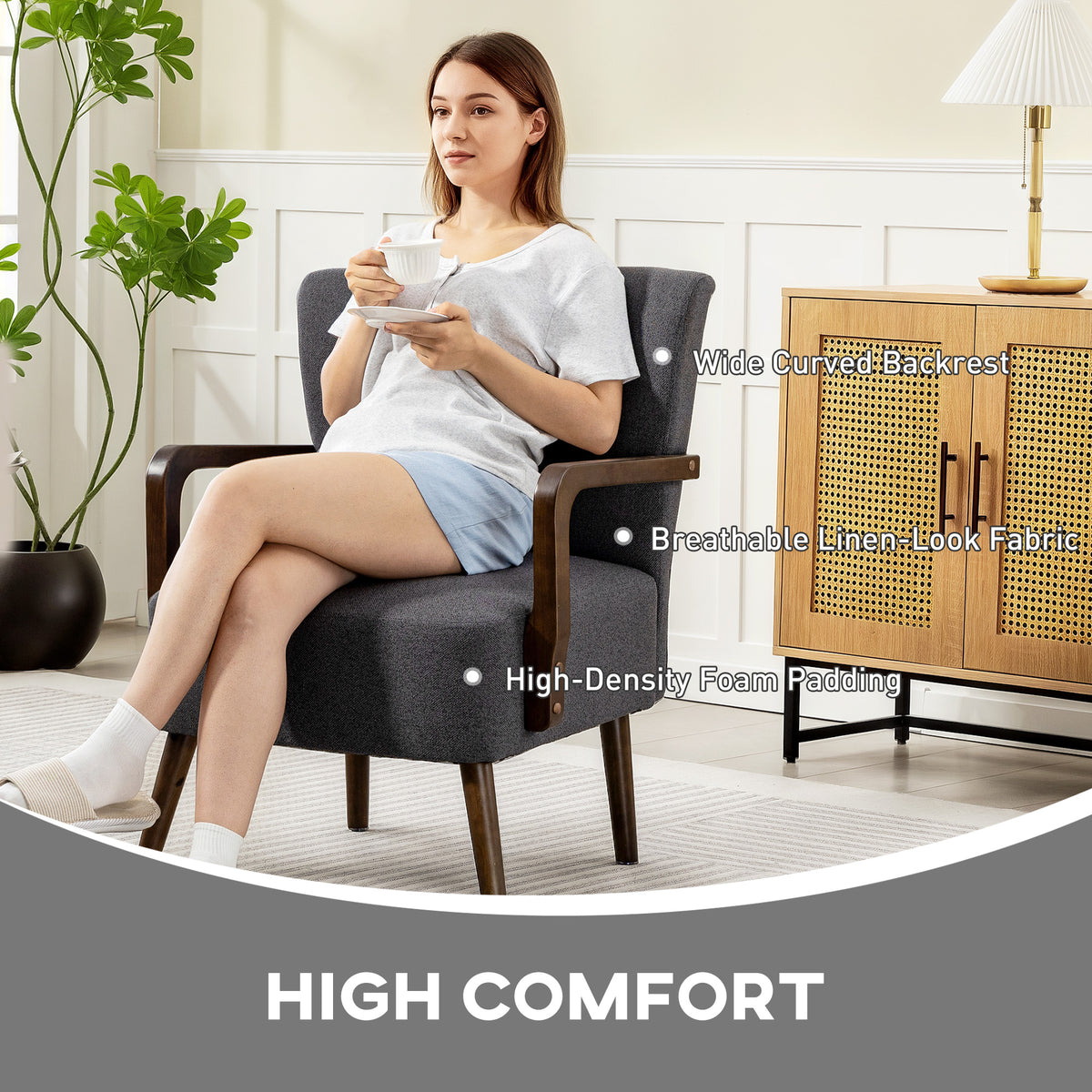 Accent Chair with Wooden Legs, Linen Fabric Armchair with Thick Padding, Comfy Chair for Living Room, Dark Grey