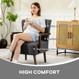 Accent Chair with Wooden Legs, Linen Fabric Armchair with Thick Padding, Comfy Chair for Living Room, Dark Grey