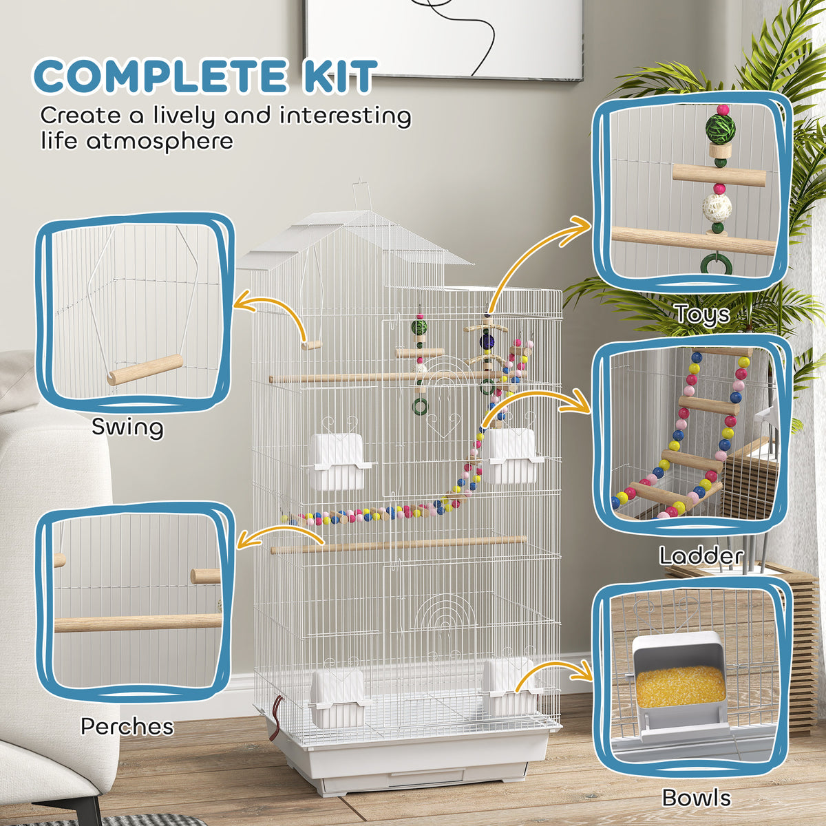 39" Bird Cage for Budgie, Cockatiel, Conure, Small Birds, with Ladder, Swing, Toys, Perches, Tray, Feeding Bowls, Handle