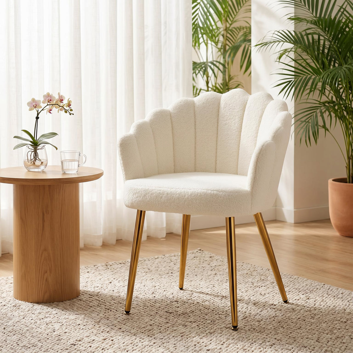 Accent Chair Petal-Back Design Modern Living Room Chair with Metal Legs Cream