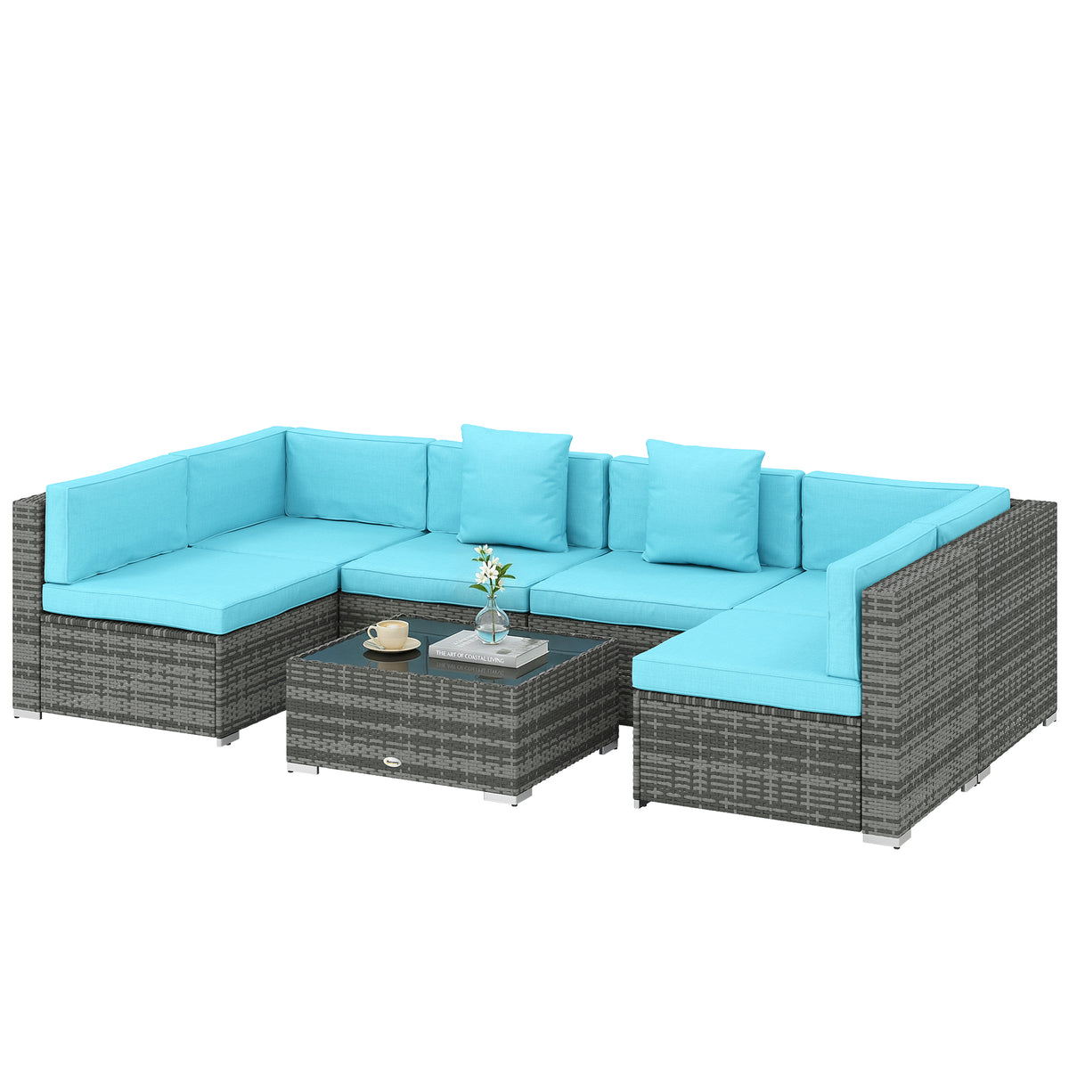 7 Pieces Patio Furniture Set, Rattan Conversation Set Garden Wicker Sofa Set with Washable Cushions and – view 2