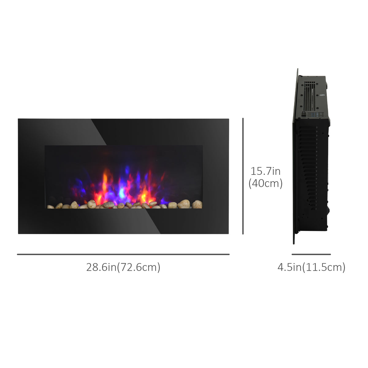 Wall Mounted Fireplace, 28.5 Inch Modern Electric Fireplace with Patented LED Flame Effect and 7 Colors, Black