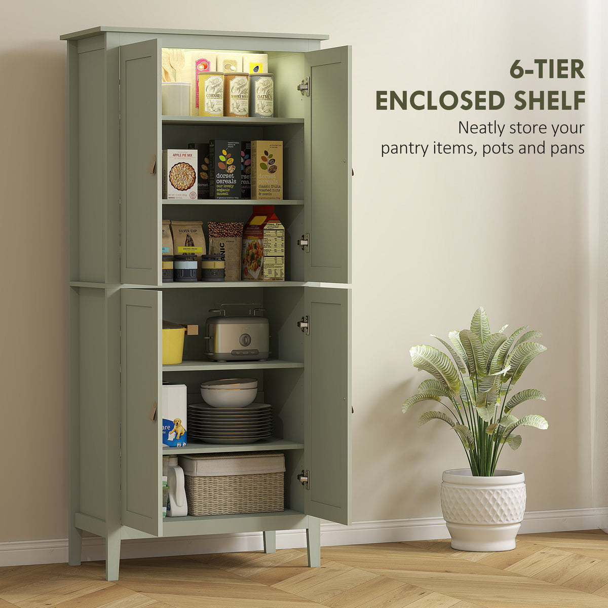 69.5" Tall Kitchen Pantry Storage Cabinet with Motion Sensor LED Light, Modern Kitchen Pantry Cabinet, Green – view 4
