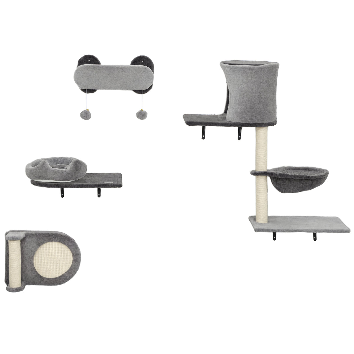4Pcs Cat Wall Shelves with Scratching Post & Pad, Condo, Hammock, Bed, Step, Hanging Pompoms, Perches