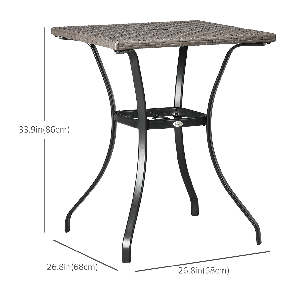 Patio Wicker Dining Table with Umbrella Hole, 34 Inch Outdoor PE Rattan Coffee Table with Plastic Board Under the Woven Table Top for Patio, Garden, Balcony, Light Grey