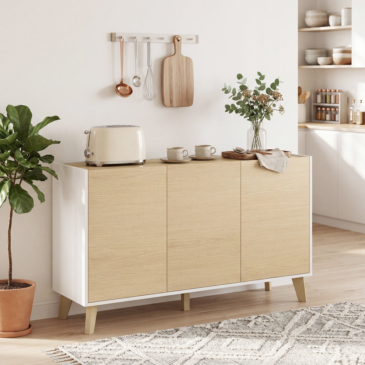 Sideboard Buffet Cabinet, 47" Modern Kitchen Storage Cabinet with 6 Compartments, Soft-Close Doors, Natural Wood Effect