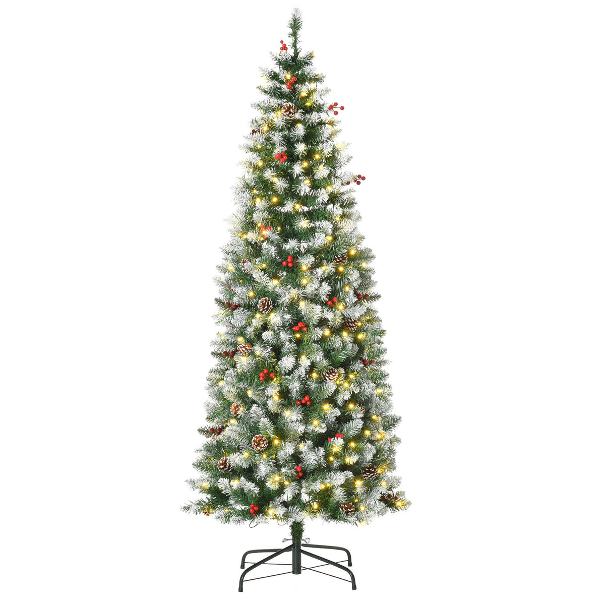 6 ft Snow-Dipped Pencil Christmas Tree Pre-Lit Holiday Decoration with LED Lights Pine Cones Red Berries Green