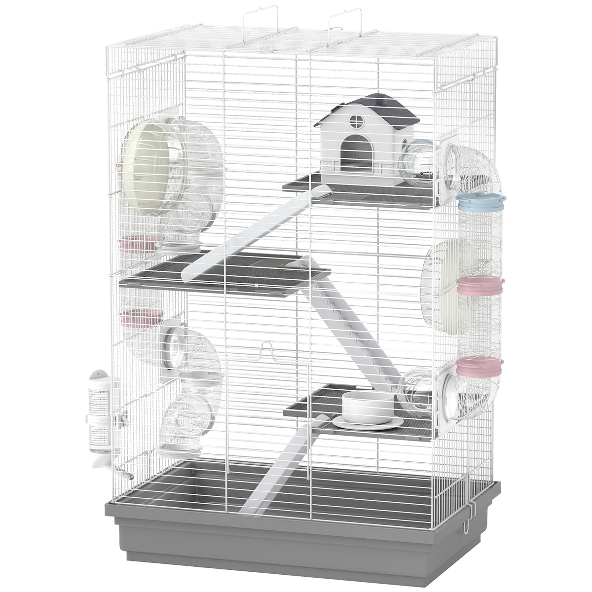 4-Level Large Hamster Cage with DIY Tubes, Water Bottle, Food Dish, Hut, Exercise Wheels, Grey