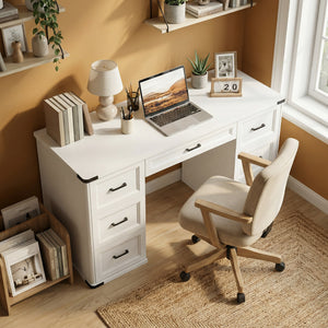 55" Computer Desk with 7 Drawers, Farmhouse Executive Desk for Home Office, Study, Bedroom, Black Wood Grain – view 14