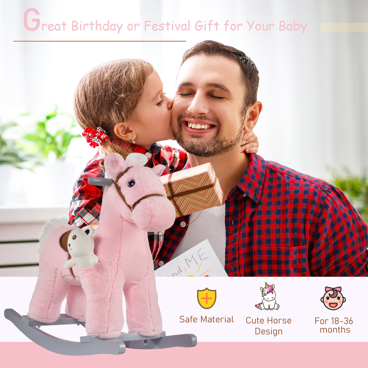 Qaba Kids Rocking Horse Plush Animal on Wooden Rockers with Sounds, Wooden Base and Bear Toy, Baby Rocking Chair