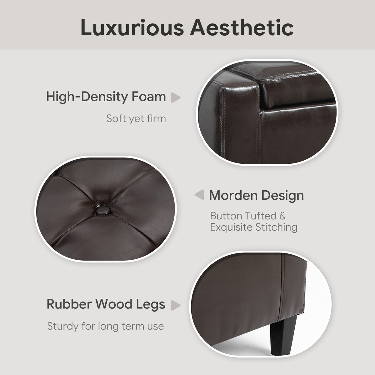 Storage Ottoman Bench, PU Leather Upholstered Bench with Tufted Design, Brown