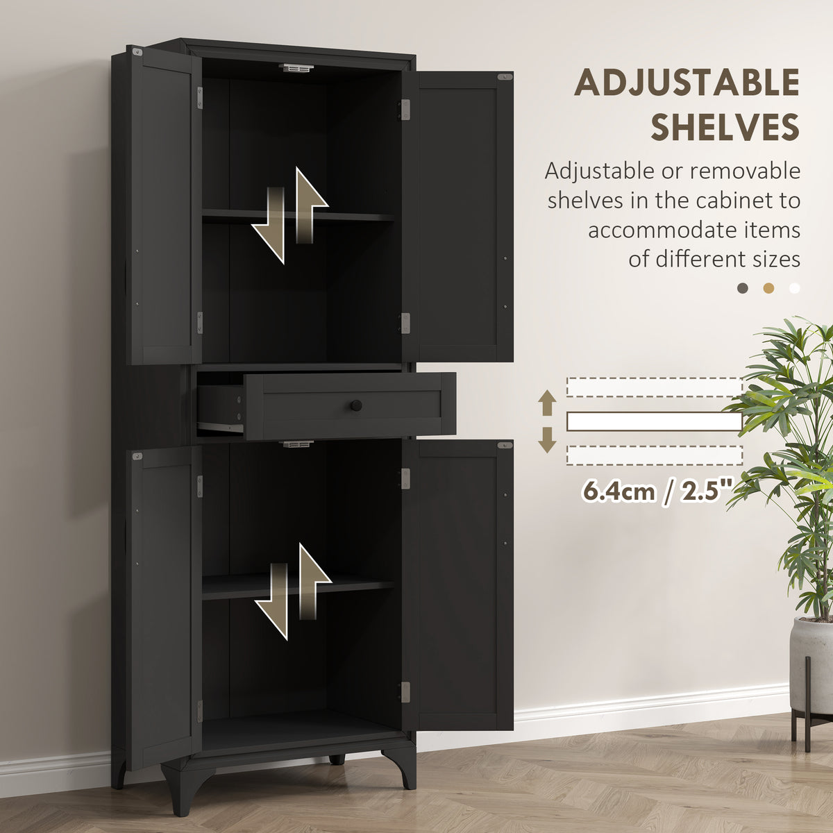 Freestanding Storage Cabinet, Kitchen Pantry Cabinet with 2 Shelves, 4 Doors for Dining Room, Black – view 4