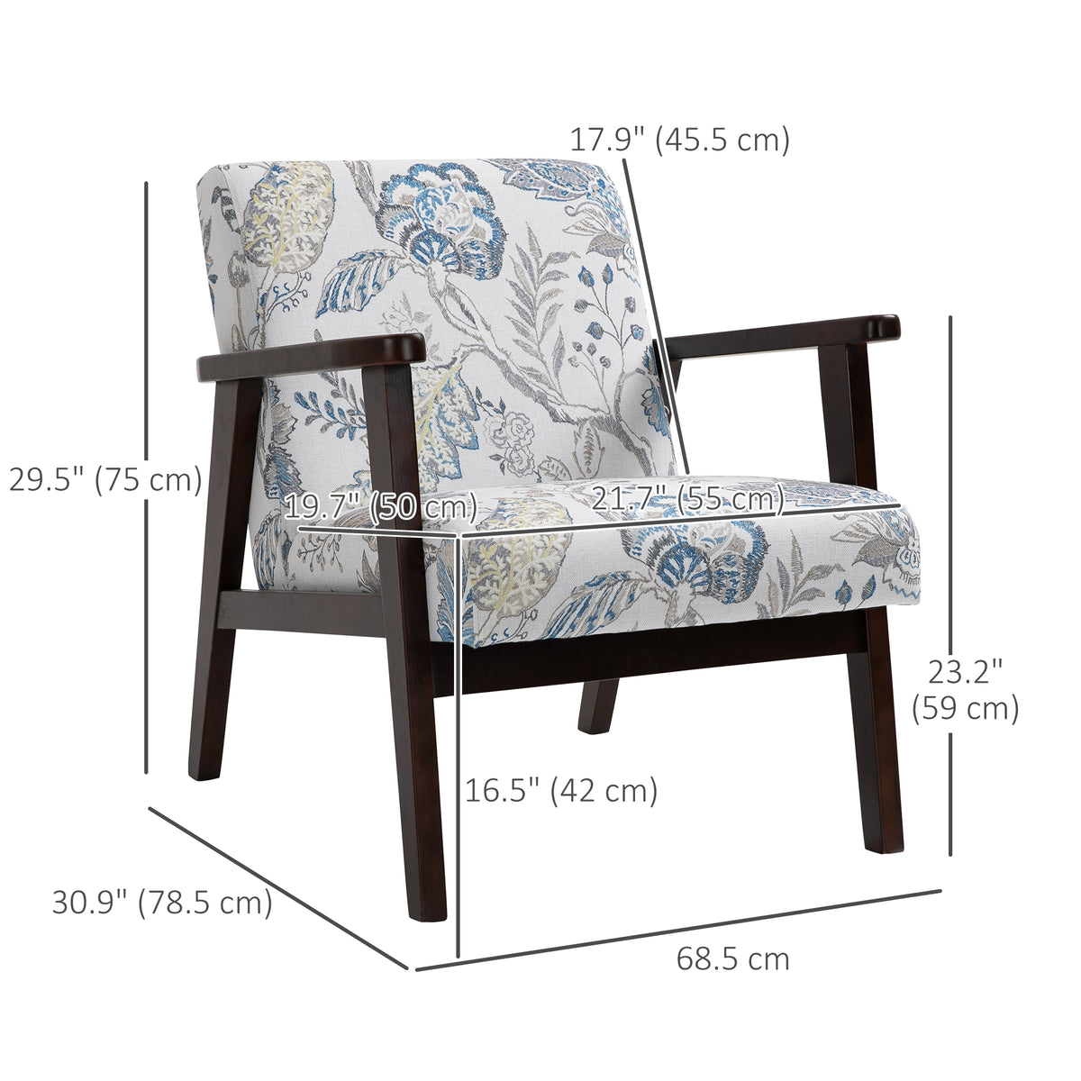 Mid-Century Modern Accent Chair Retro Fabric Armchair Wooden Arm Upholstered Lounge Chair for Living Room Floral