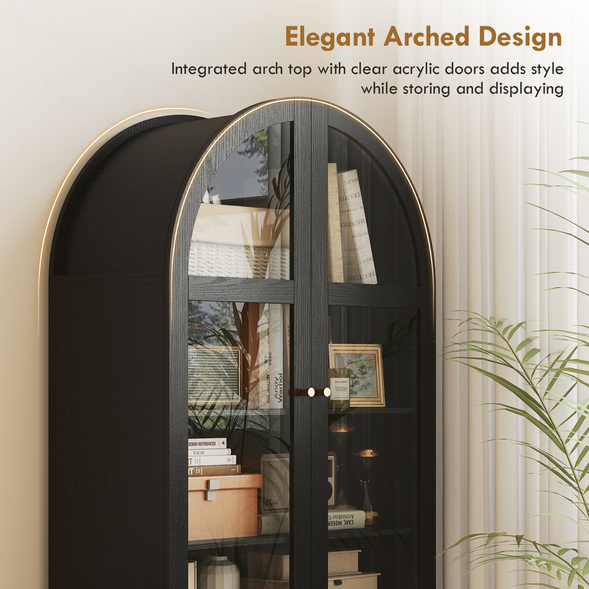Arched Kitchen Pantry Cabinet, 71" Tall Farmhouse Kitchen Storage Cabinet with Acrylic Glass Doors, Oak – view 10