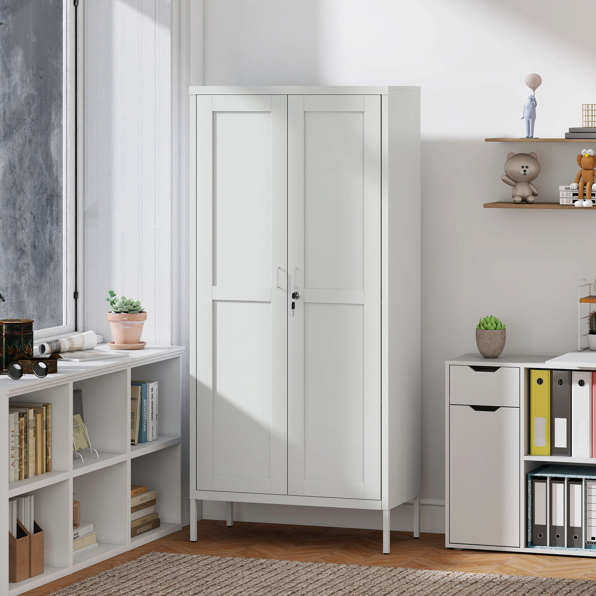 Office Storage Cabinet, Lockable Filing Cabinet with 3 Adjustable Shelves and 2 Doors for Home Office, Garage, White