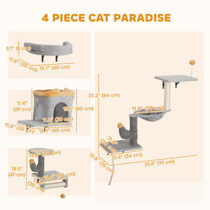 Cat Wall Shelves, 4 Pcs Cat Wall Furniture Set with Scratching Posts, Condo, Hammock, Perchs, Light Grey