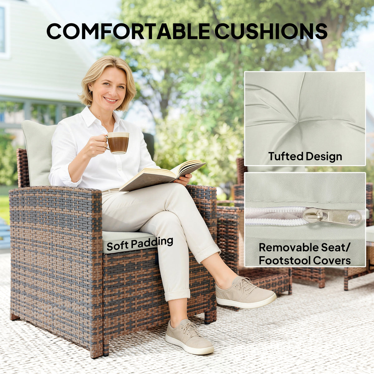 5 Piece Patio Furniture Set, Wicker Patio Chairs with Ottomans, 2-Tier Glass Coffee Table and Cushions – view 27