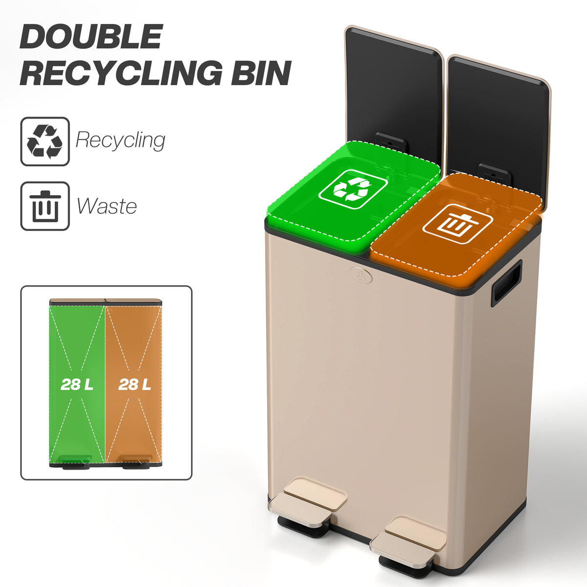 Garbage Bin, Soft-Close Trash Can with Foot Pedal, 2x7.4 Gal (2x28 L) Garbage Can with Removable Inner Buckets, SGold
