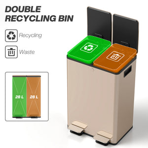Garbage Bin, Soft-Close Trash Can with Foot Pedal, 2x7.4 Gal (2x28 L) Garbage Can with Removable Inner Buckets, SGold