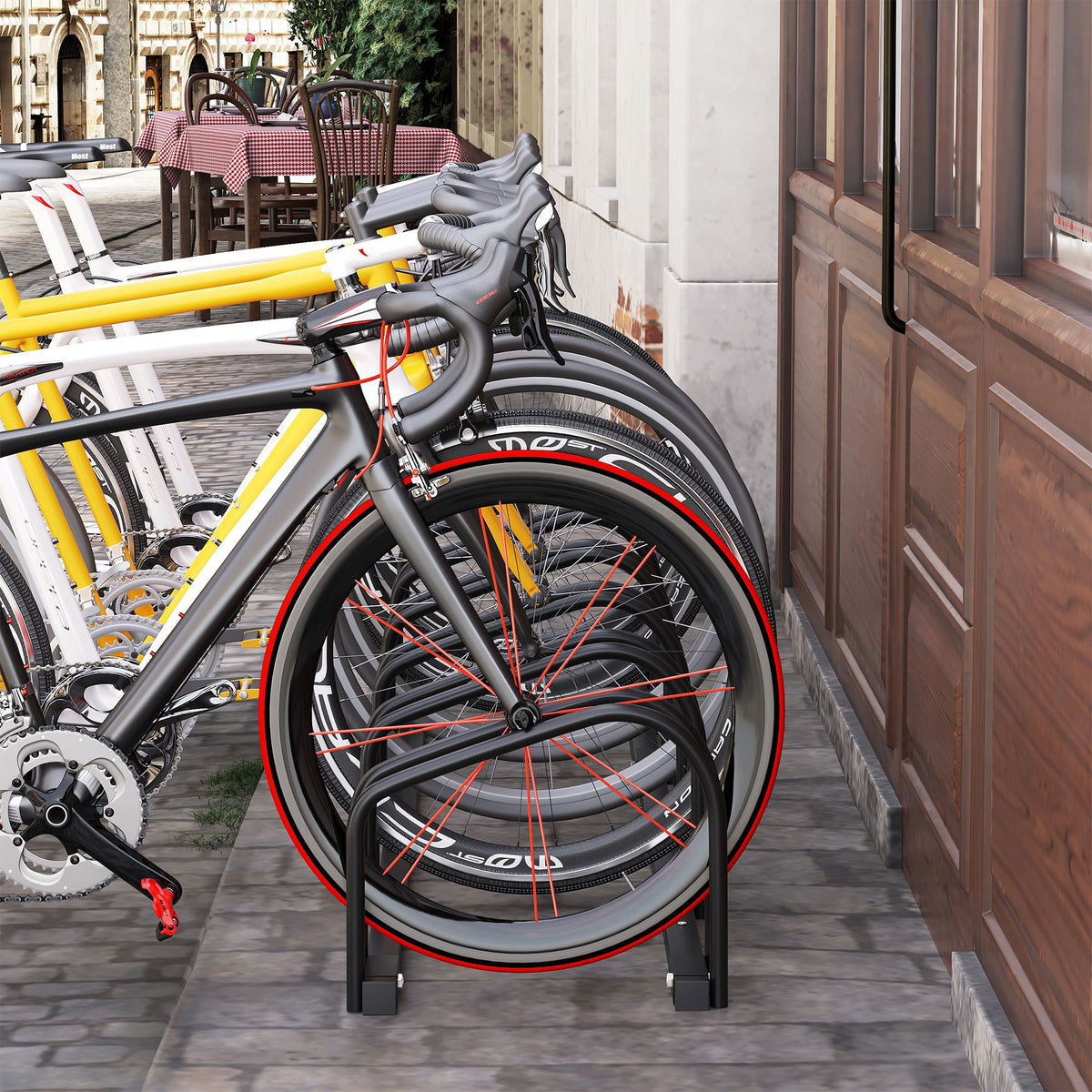 6-Bike Bicycle Floor Parking Rack Cycling Storage Stand Ground Mount Garage Organizer for Indoor and Outdoor Use Black
