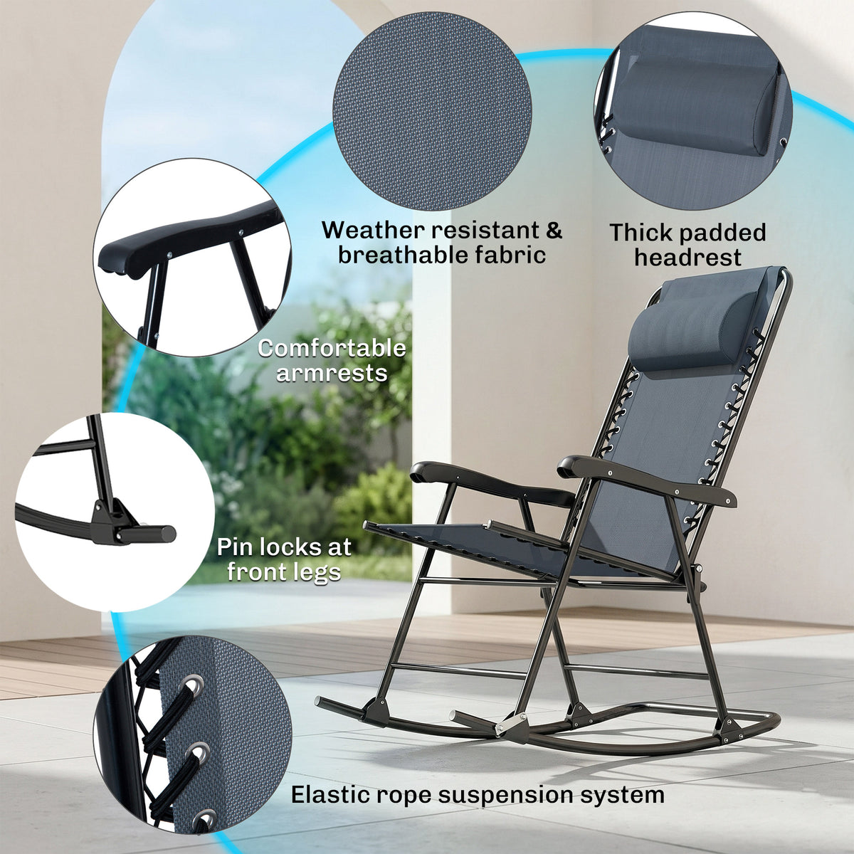 3pc Patio Rocking Chair Set, Folding Outdoor Rocking Chairs and Table Bistro Set w/ Breathable Mesh Seat – view 11