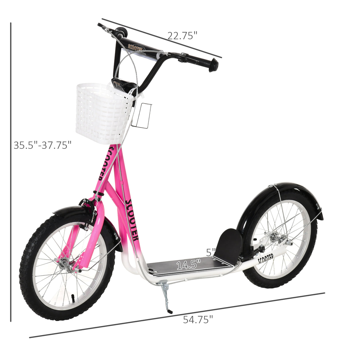 Aosom Kick Scooter with Adjustable Handlebar, Kids Scooter with 2 Brakes Basket Cupholder 16" Inflatable Rubber Tyres