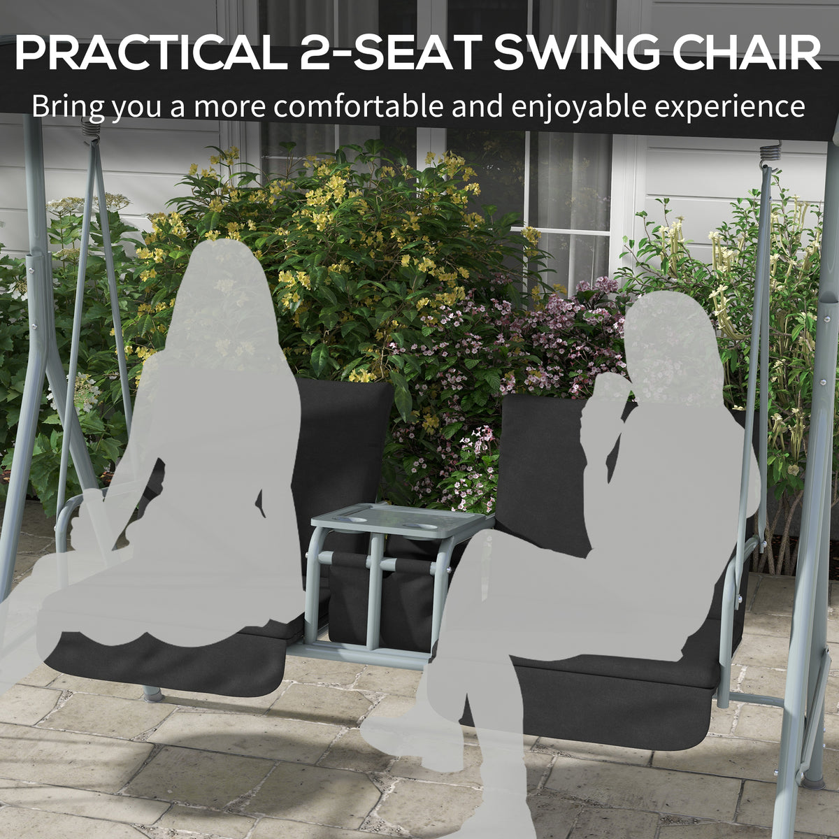 2-Seater Outdoor Porch Swing with Adjustable Canopy and Table, Patio Swing Chair for Garden, Poolside, Backyard, Black