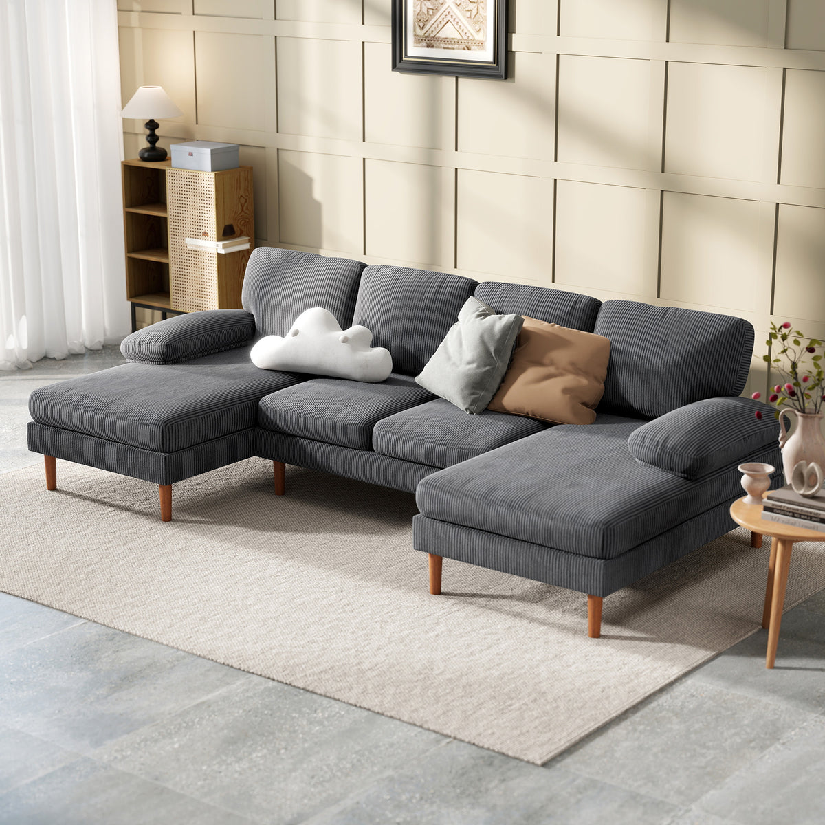 U Shape Couch with Double Chaise Lounge, Modern 4 Seater Sofa with Wooden Legs, Fabric Sofa for Living Room, Dark Grey