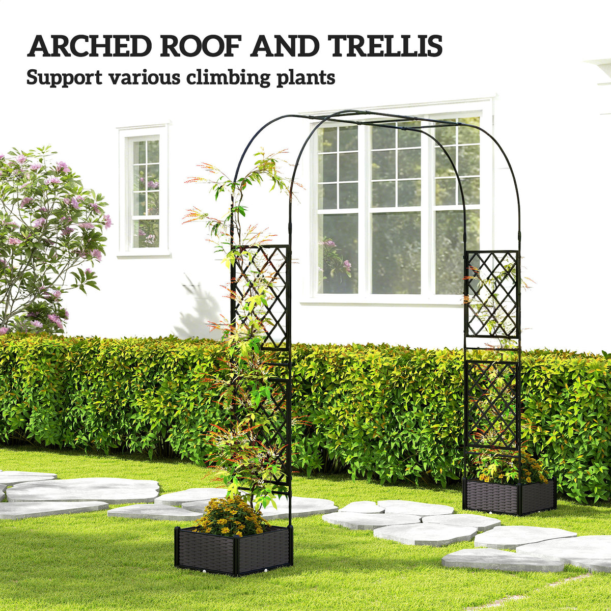 Garden Arch Outdoor Trellis Arbor with 2 Planter Boxes, 109.4" x 15.7" x 86.6", Black