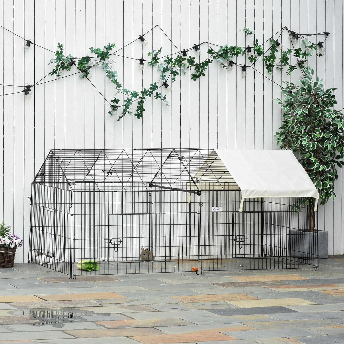 Pet Playpen with Roof, Metal Guinea Pig Cage, Rabbit Pen, Chicken Coop Run, Catio Cat Enclosure with Cover, Doors, Indoor Outdoor for Small Animals, 87" x 41" x 41", Cream