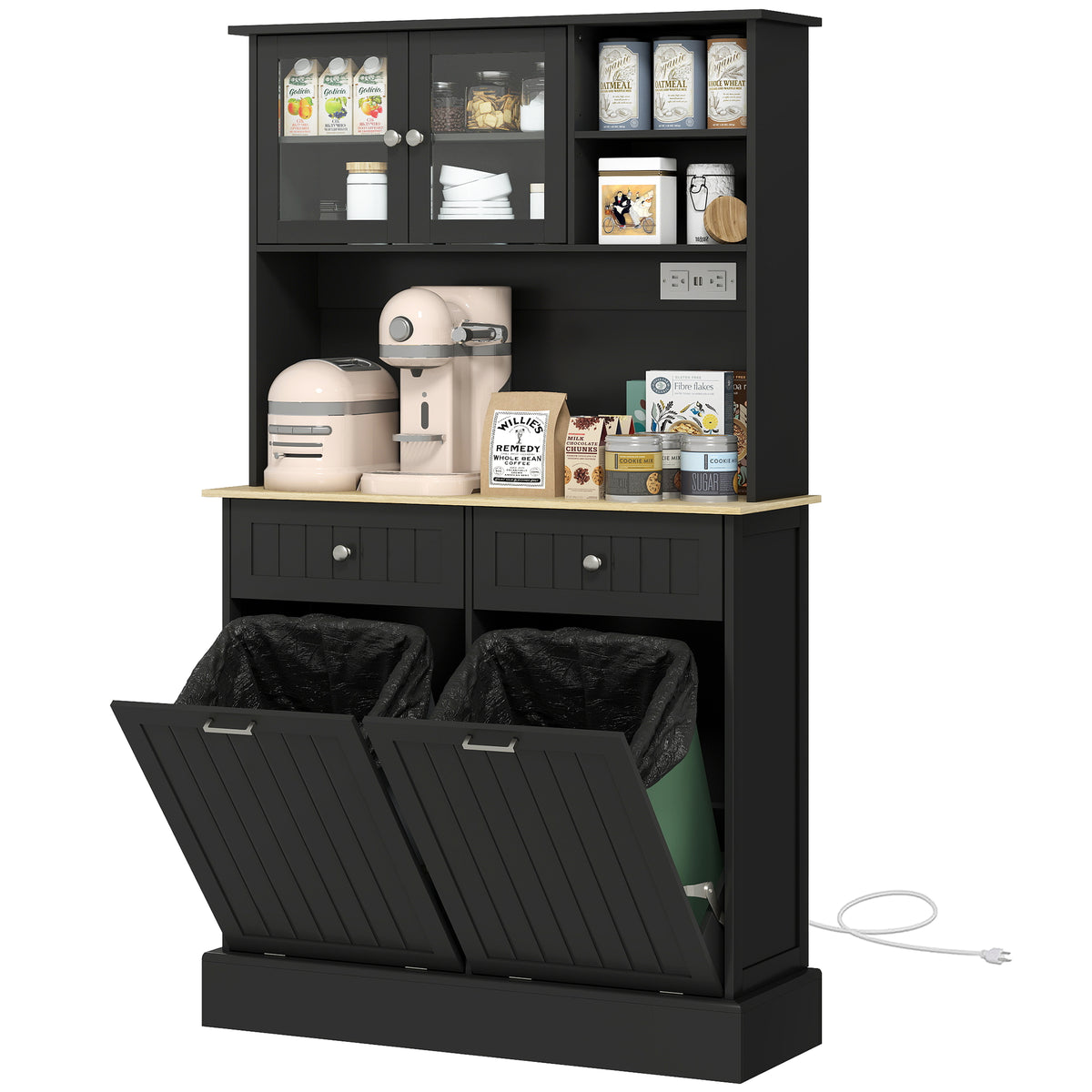 Kitchen Cabinet with Charging Station, 2 Tilt Out Cabinets, Microwave Stand