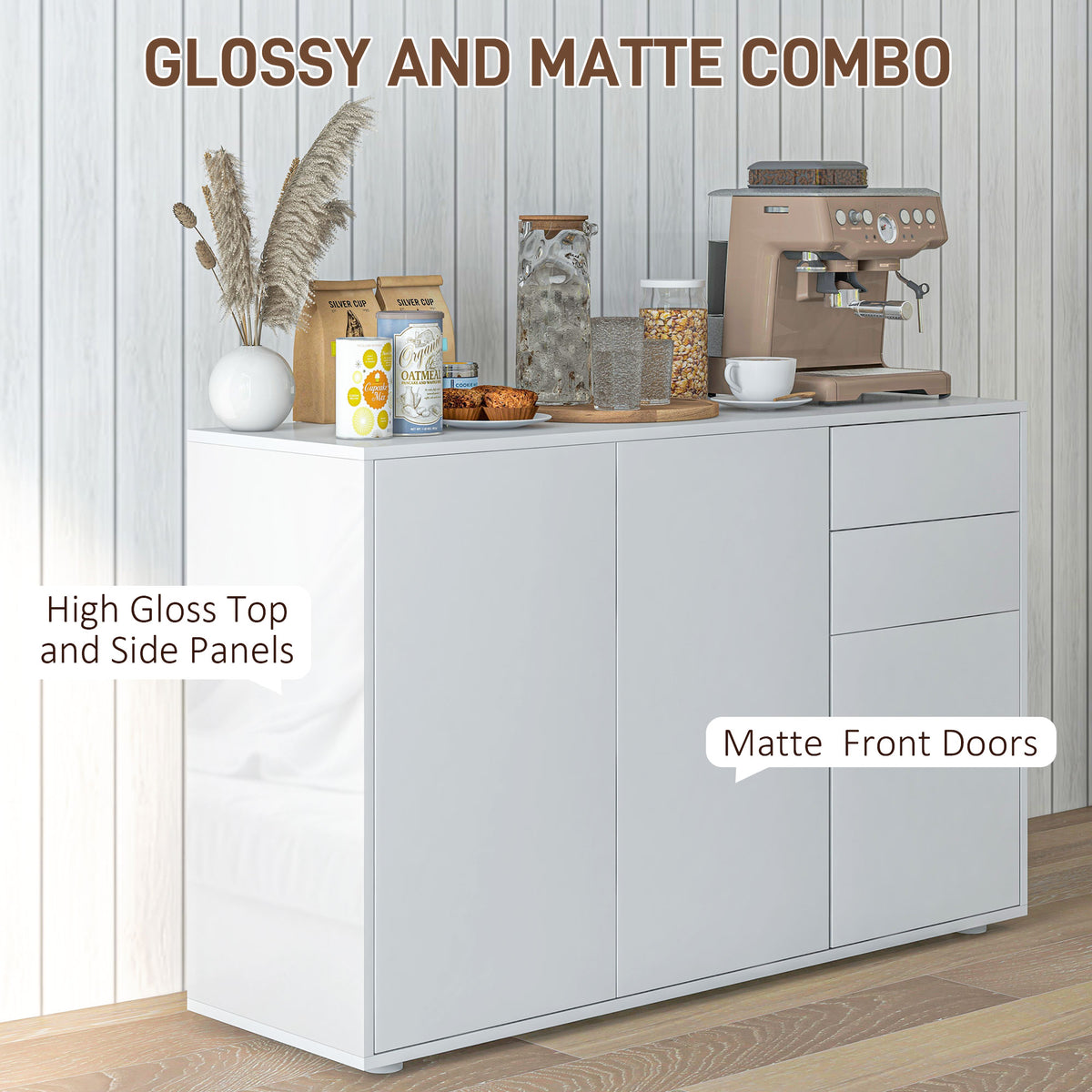 Kitchen Sideboard Storage Cabinet, Modern Coffee Bar with Push-Open Design and 2 Drawers for Living Room – view 8