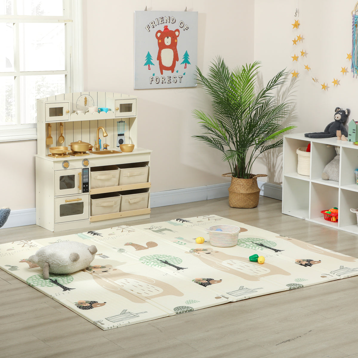 Qaba Foldable Baby Plat Mat, 77" x 69" Kids Floor Mat for Crawling and Learning, Girl & Animal Theme