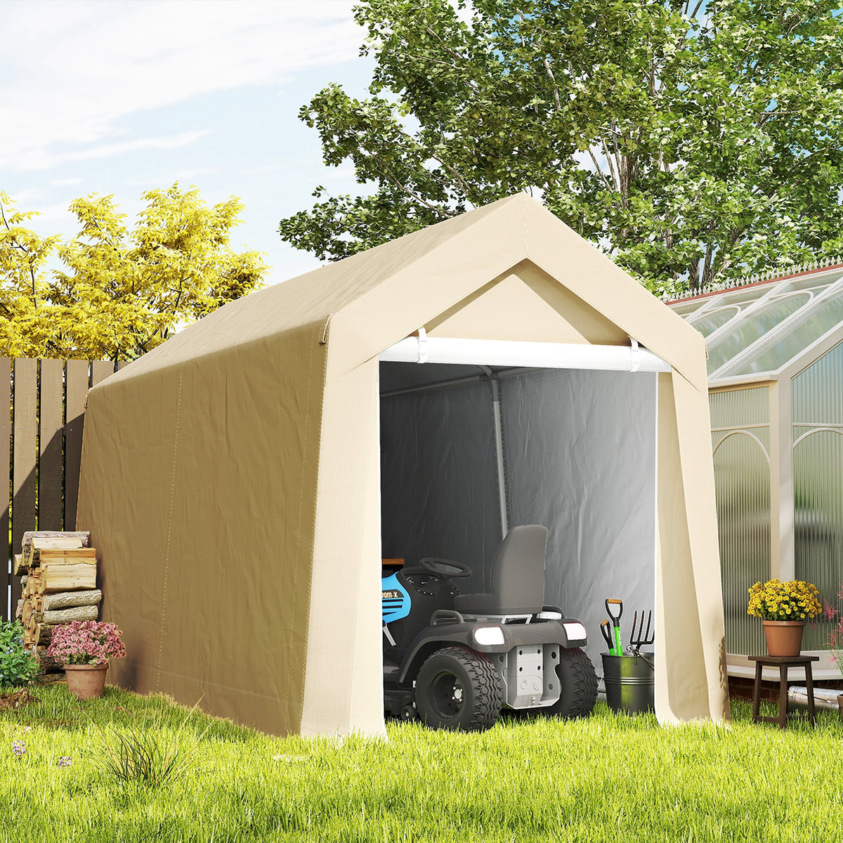 7' x 12' Outdoor Storage Shed Portable Garage with Roll-up Door for Motorcycle, Bike, Garden Tools, Beige – view 7