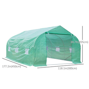 15' x 10' x 7' Walk-in Greenhouse Outdoor Plant Tunnel Warm Hot House w/ Roll Up Door and 6 Mesh Windows, Steel Frame, Green